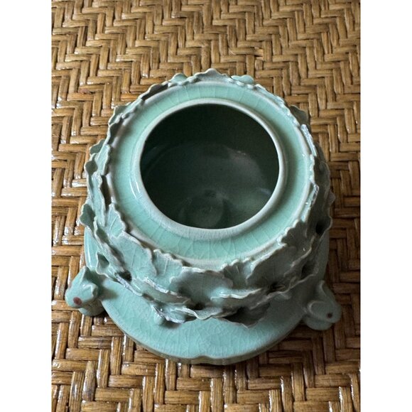 Vintage Celadon Porcelain Lotus Flower Incense Burner With Rabbit Design - Picture 4 of 6